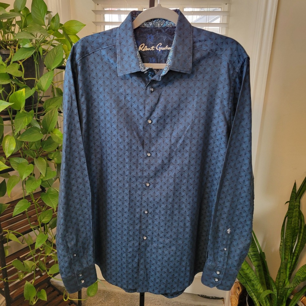 Robert Graham Mens Blue Jacquard Geometric Long Sleeve Button Down Shirt Large